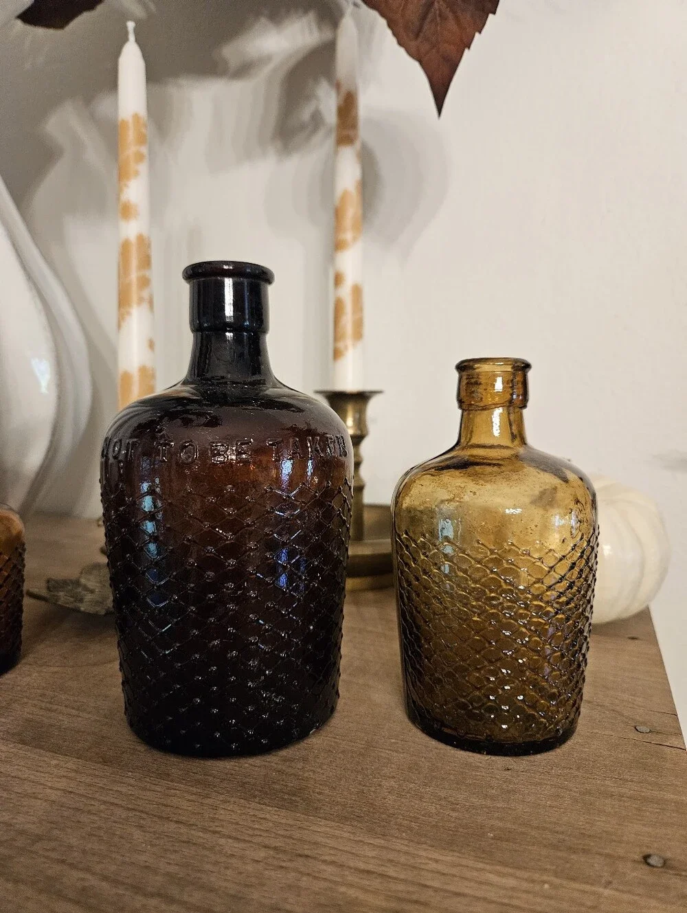 Antique/vintage Amber Glass Decorative Bottles Set Of 4 For Fall And Halloween